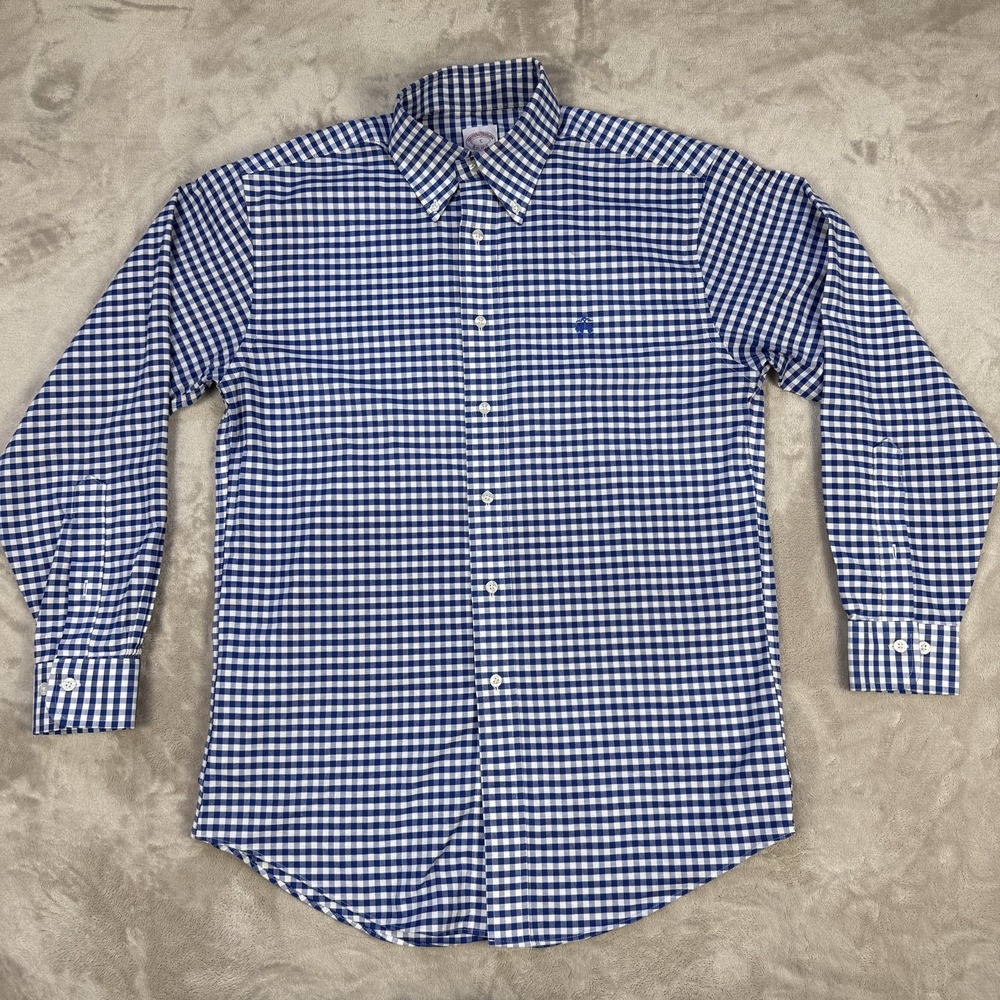 Brooks Brothers Shirt Mens Small Blue Gingham Long Sleeve Stretch Button Down